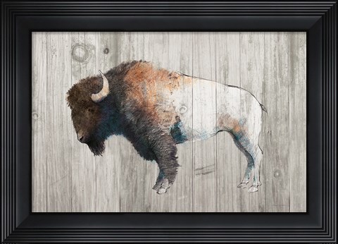 Framed Colorful Bison Dark Brown on Wood Print