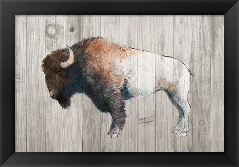 Framed Colorful Bison Dark Brown on Wood Print