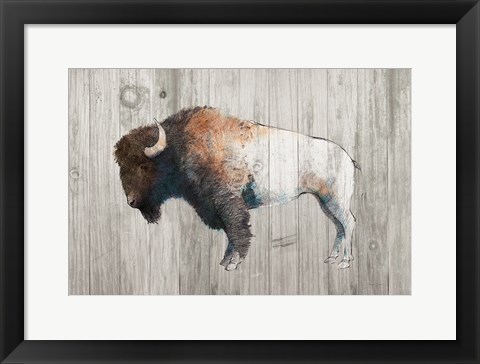 Framed Colorful Bison Dark Brown on Wood Print