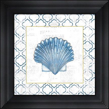 Framed Navy Scallop Shell on Newsprint with Gold Print