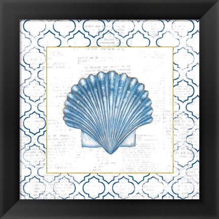 Framed Navy Scallop Shell on Newsprint with Gold Print