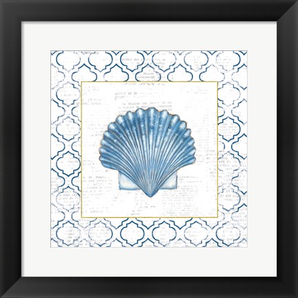 Framed Navy Scallop Shell on Newsprint with Gold Print