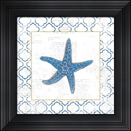 Framed Navy Starfish on Newsprint with Gold Print
