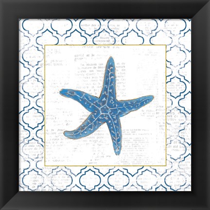 Framed Navy Starfish on Newsprint with Gold Print