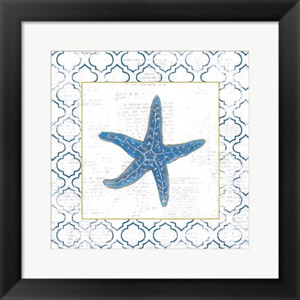 Framed Navy Starfish on Newsprint with Gold Print