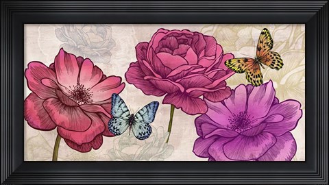 Framed Roses and Butterflies (Neutral) Print