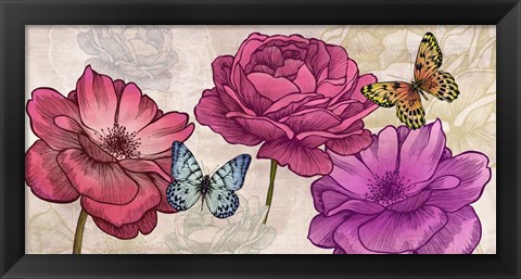 Framed Roses and Butterflies (Neutral) Print