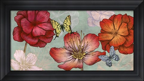 Framed Flowers and Butterflies (Aqua) Print