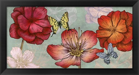 Framed Flowers and Butterflies (Aqua) Print