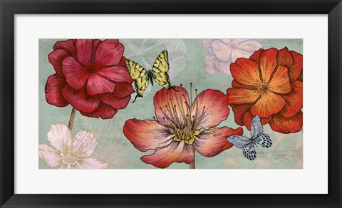 Framed Flowers and Butterflies (Aqua) Print