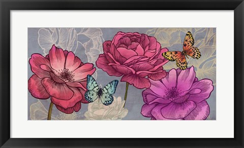 Framed Roses and Butterflies (Ash) Print