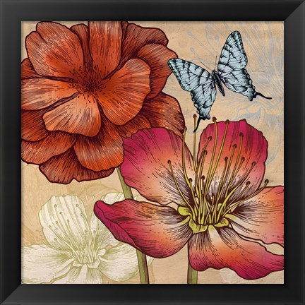 Framed Flowers and Butterflies (detail) Print