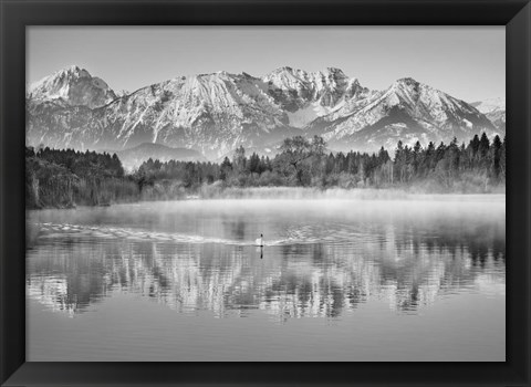 Framed Allgaeu Alps and Hopfensee lake, Bavaria, Germany (BW) Print