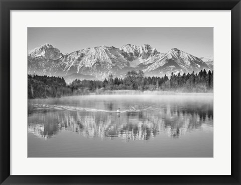 Framed Allgaeu Alps and Hopfensee lake, Bavaria, Germany (BW) Print