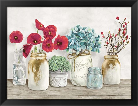 Framed Floral Composition with Mason Jars Print