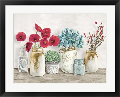 Framed Floral Composition with Mason Jars Print