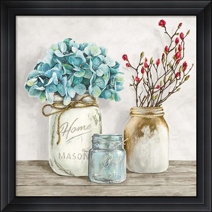 Framed Floral Composition with Mason Jars I Print