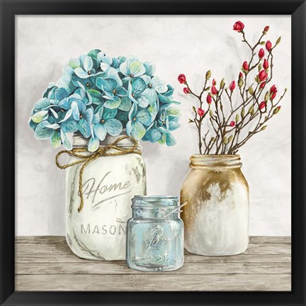 Framed Floral Composition with Mason Jars I Print