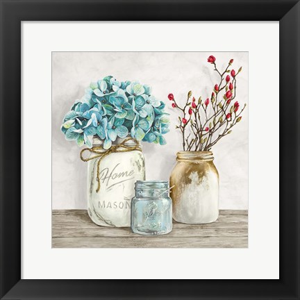 Framed Floral Composition with Mason Jars I Print