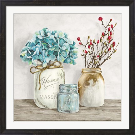 Framed Floral Composition with Mason Jars I Print