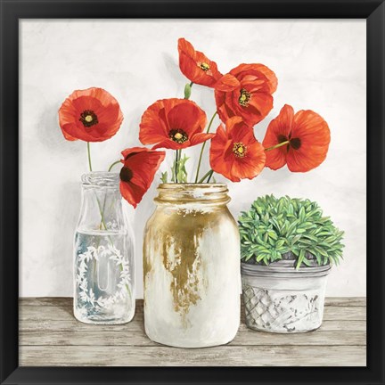 Framed Floral Composition with Mason Jars II Print