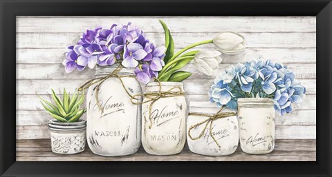 Framed Hydrangeas in Mason Jars Print