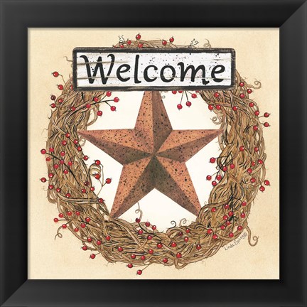 Framed Barn Star Welcome Wreath Print