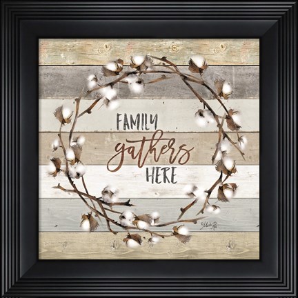 Framed Family Gathers Here Cotton Wreath Print