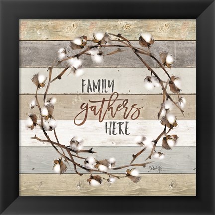 Framed Family Gathers Here Cotton Wreath Print