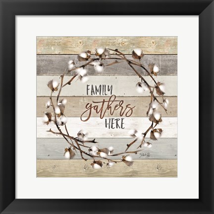 Framed Family Gathers Here Cotton Wreath Print