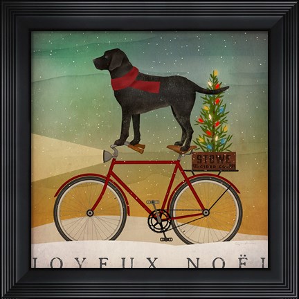 Framed Black Lab on Bike Christmas Print