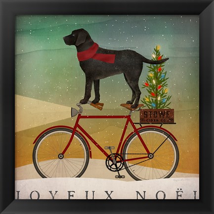 Framed Black Lab on Bike Christmas Print