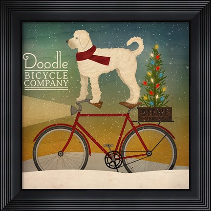 Framed White Doodle on Bike Christmas Print