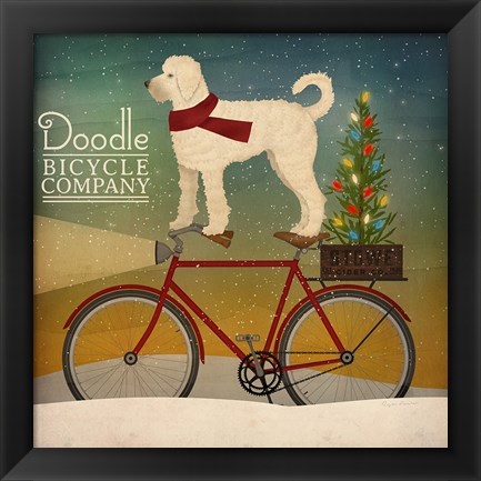 Framed White Doodle on Bike Christmas Print