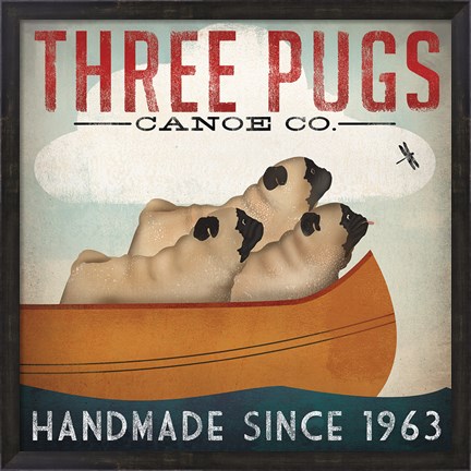 Framed Three Pugs in a Canoe Print