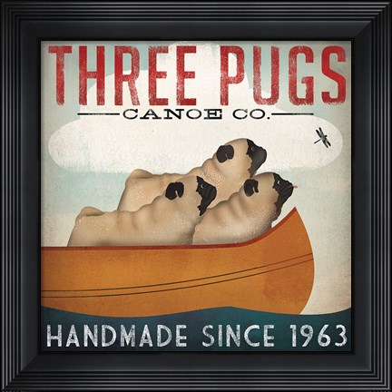Framed Three Pugs in a Canoe Print
