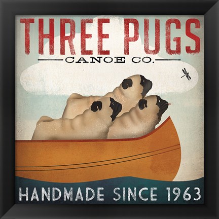 Framed Three Pugs in a Canoe Print