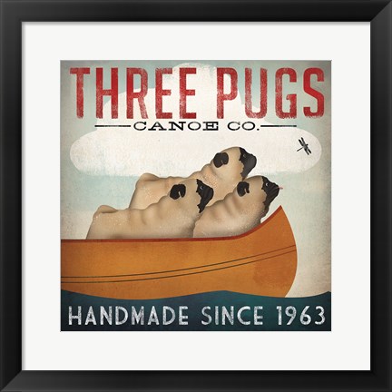 Framed Three Pugs in a Canoe Print