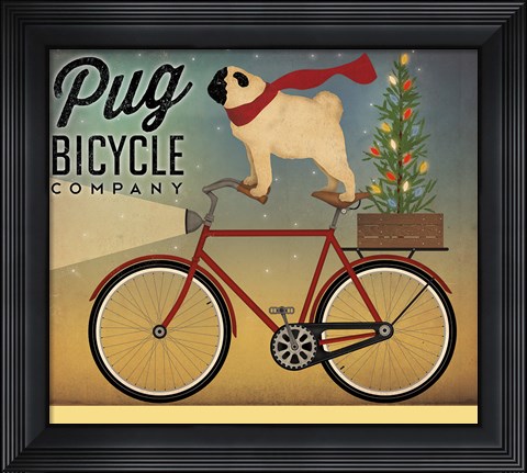Framed Pug on a Bike Christmas Print
