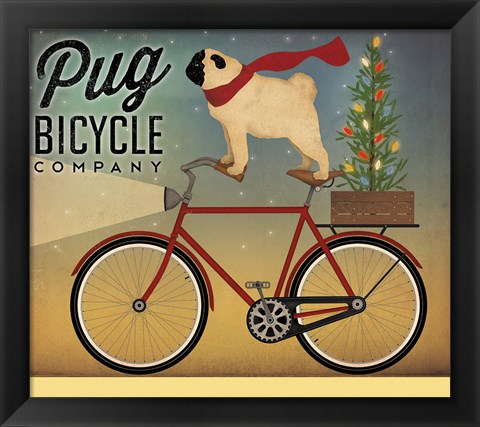 Framed Pug on a Bike Christmas Print