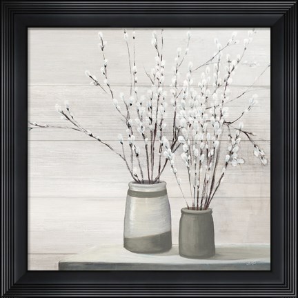 Framed Pussy Willow Still Life Gray Pots Shiplap Print