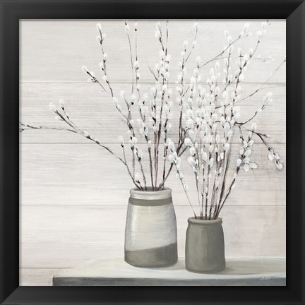 Framed Pussy Willow Still Life Gray Pots Shiplap Print