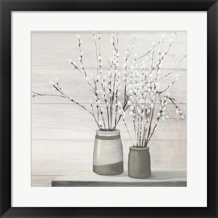 Framed Pussy Willow Still Life Gray Pots Shiplap Print