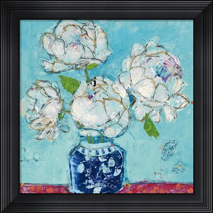 Framed Vase of Peonies Aqua Print