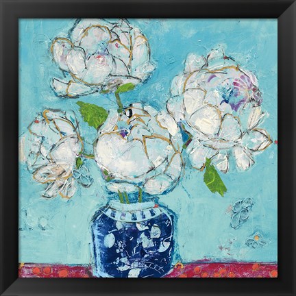 Framed Vase of Peonies Aqua Print