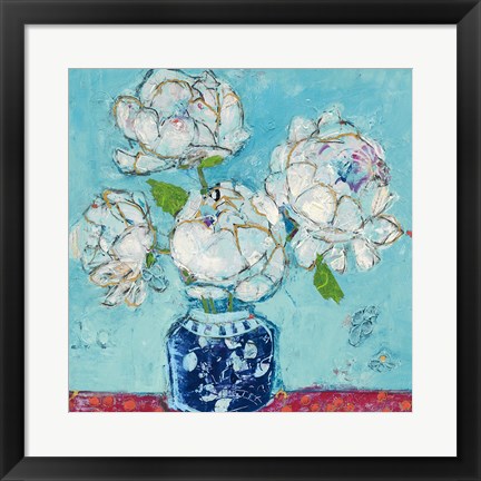 Framed Vase of Peonies Aqua Print