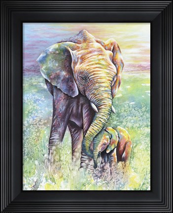 Framed Mother &amp; Baby Elephant Rainbow Colors Print