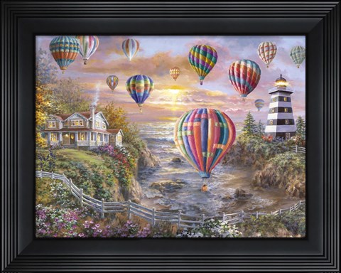 Framed Balloons Over Cottage Cove Print