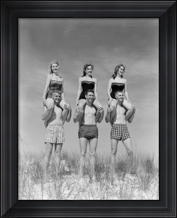 Framed 1950s 1960s Three Couples At Beach Print