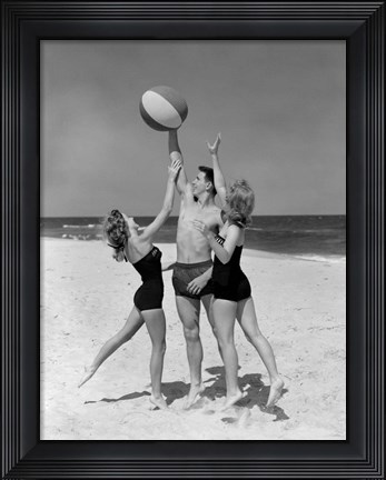 Framed 1950s Teens Jumping For Beach Ball Print